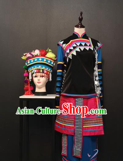 Custom China Deang Ethnic Clothing Traditional Minority Women Costumes Li Li Nationality Folk Dance Outfits and Headwear