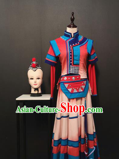 China Yi Ethnic Female Clothing Traditional Minority Women Costumes Custom Nationality Folk Dance Dress and Hair Accessories