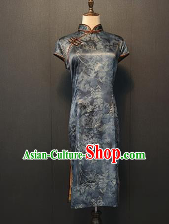 Custom Republic of China Navy Silk Cheongsam China Traditional Women Clothing Shanghai Classical Mother Short Qipao Dress