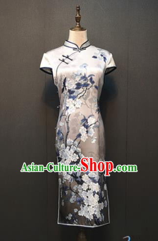 China Shanghai Classical Printing Grey Silk Qipao Dress Custom Republic of China Cheongsam Traditional Mother Costume