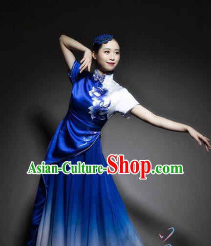 Chinese Traditional Classical Dance Royalblue Dress Fan Dance Costume Umbrella Dance Clothing