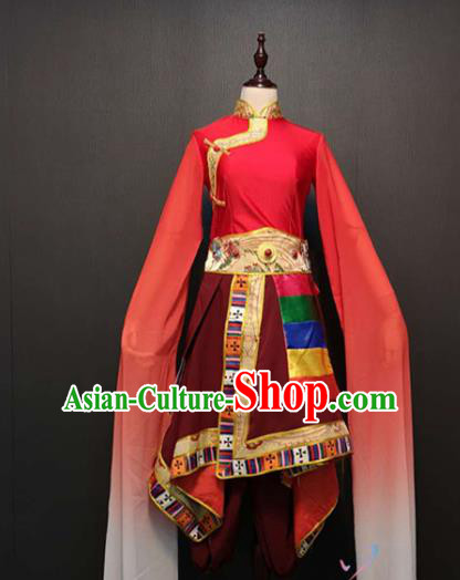 Custom China Zang Nationality Red Dress Ethnic Folk Dance Clothing Traditional Tibetan Minority Water Sleeve Costumes