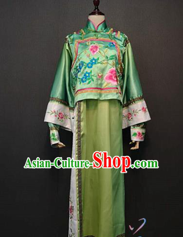 China Qing Dynasty Costume Traditional Drama Stage Performance Clothing Ancient Manchu Princess Mandarin Jacket and Green Qipao Dress