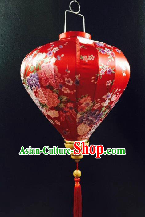 Handmade Chinese Classical Peony Pattern Red Silk Palace Lanterns Traditional New Year Decoration Lantern Spring Festival Lamp