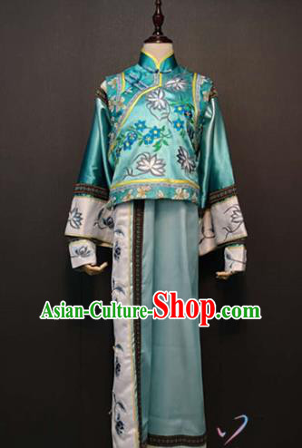 China Ancient Manchu Princess Blue Mandarin Jacket and Qipao Dress Qing Dynasty Court Costume Traditional Drama Stage Performance Clothing