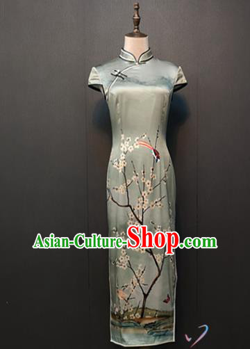 Custom Stage Performance Clothing Classical Cheongsam Compere Printing Plum Blossom Silk Qipao Dress