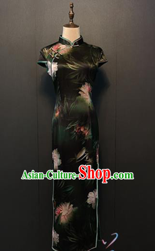 Compere Qipao Dress Custom Stage Performance Clothing Classical Printing Lotus Black Silk Cheongsam
