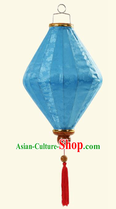 Handmade Chinese Classical Floral Scroll Pattern Blue Silk Palace Lanterns Traditional New Year Decoration Lantern Spring Festival Lamp