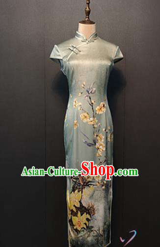 Compere Light Blue Silk Qipao Dress Custom Stage Performance Clothing Classical Printing Yulan Magnolia Cheongsam