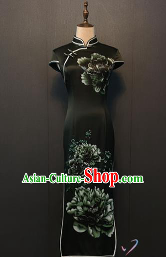 Compere Printing Peony Black Silk Qipao Dress Custom Stage Performance Clothing Classical Shanghai Cheongsam