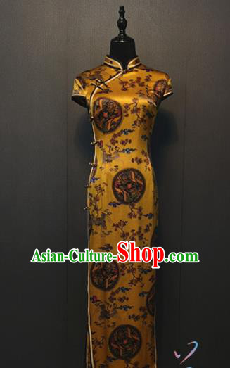 Republic of China Traditional Pattern Yellow Silk Cheongsam Shanghai Women Classical Qipao Dress Custom Clothing