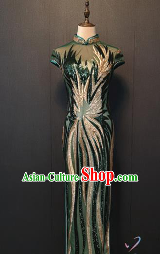 Custom Clothing Republic of China Traditional Cheongsam Shanghai Women Classical Embroidered Green Sequins Qipao Dress