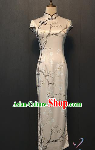 Traditional Printing Pear Blossom Beige Silk Cheongsam Republic of China Shanghai Young Lady Qipao Dress Annual Meeting Clothing