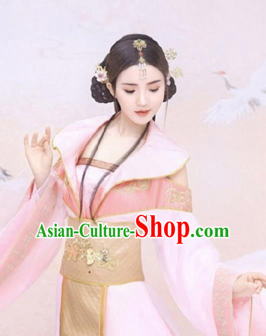 Chinese Ancient Princess Costumes Traditional Drama Apparels Tang Dynasty Empress Pink Hanfu Dress and Hair Accessories