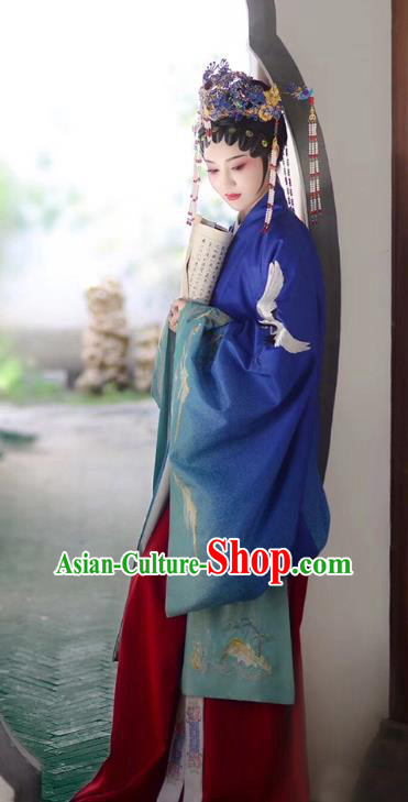 Chinese Ancient Ming Dynasty Costumes Traditional Beijing Opera Apparels Noble Female Blue Cape Blouse and Skirt and Headdress