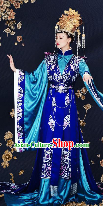 Drama Princess Weiyoung Chinese Ancient Queen Costumes Traditional Southern and Northern Dynasties Empress Blue Apparels and Headwear