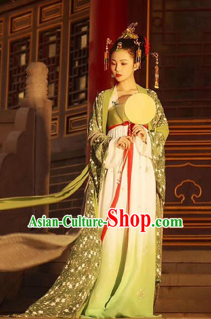 Chinese Ancient Goddess Costumes Traditional Tang Dynasty Princess Light Green Chiffon Hanfu Dress Apparels and Hair Accessories