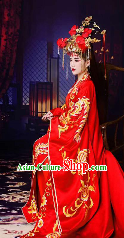 Chinese Ancient Bridal Dress Traditional Tang Dynasty Wedding Apparels Princess Red Costumes and Headdress Complete Set