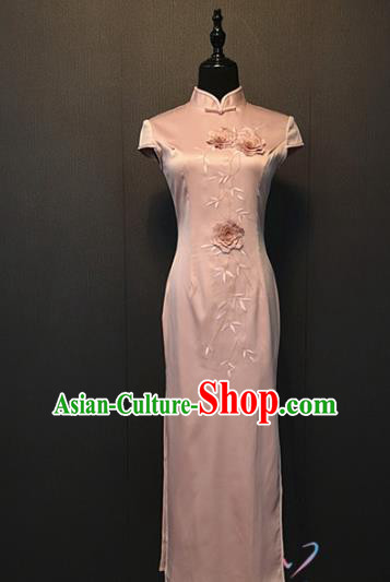 Republic of China Shanghai Women Classical Qipao Dress Custom Clothing Embroidered Peony Pink Silk Cheongsam