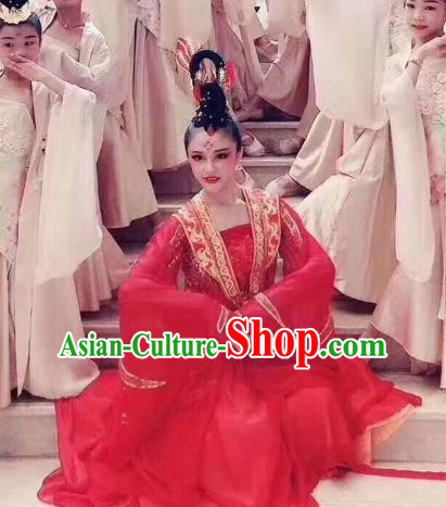 China Women Group Dance Red Dress Traditional Classical Dance Costume Drama Stage Performance Clothing