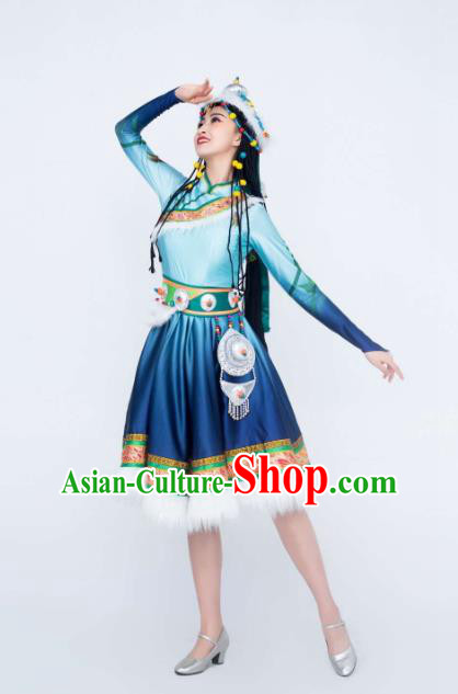 Custom China Tibetan Ethnic Clothing Traditional Minority Female Costumes Zang Nationality Folk Dance Blue Dress and Hat