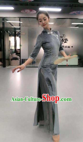 Traditional China Classical Dance Costume Drama Performance Grey Velvet Qipao Dress