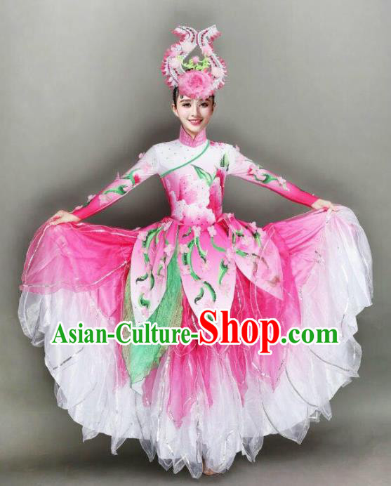 China Lotus Dance Pink Dress Traditional Modern Dance Costume Spring Festival Gala Stage Performance Clothing and Headwear