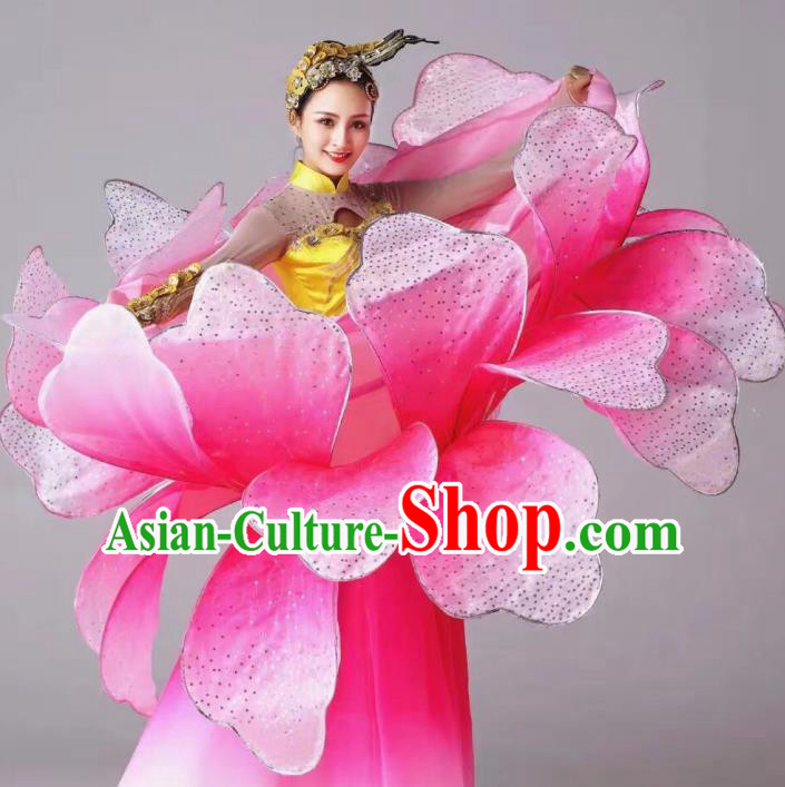 China Peony Flower Dance Pink Dress Traditional Classical Dance Costume Spring Festival Gala Opening Dance Clothing and Hair Accessories