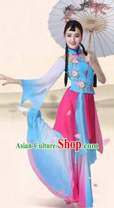 China Traditional Umbrella Dance Costume Folk Dance Performance Clothing Fan Dance Blue Outfits