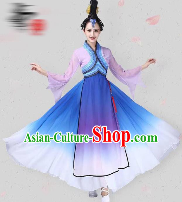 China Classical Dance Costume Traditional Fan Dance Clothing Dance Competition Performance Lilac Dress and Headwear