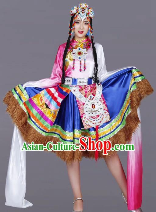 Custom China Zang Ethnic Dance Clothing Traditional Minority Dress Tibetan Nationality Water Sleeve Costumes and Headwear