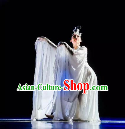 China Classical Dance Costume Traditional Court Dance Clothing Dance Competition White Dress and Headwear