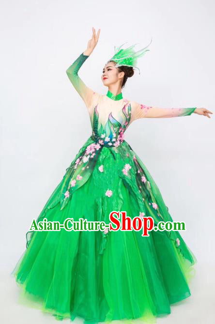 China Chorus Green Veil Dress Traditional Classical Dance Costume Spring Festival Gala Flower Dance Clothing