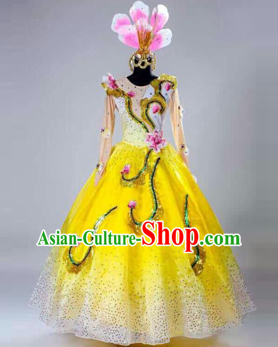 China Spring Festival Gala Opening Dance Costume Traditional Modern Dance Clothing Flower Dance Yellow Bubble Dress and Headpiece