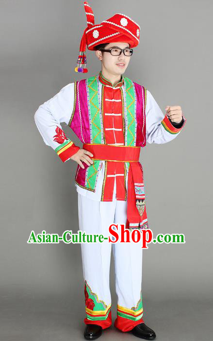 China Yi Ethnic Men Clothing Custom Traditional Yi Minority Nationality Folk Dance Costumes and Hat