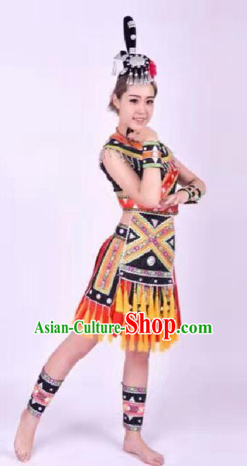 China Ethnic Folk Dance Dress Clothing Custom Traditional Yao Minority Nationality Costumes Top Blouse and Short Skirt and Headwear