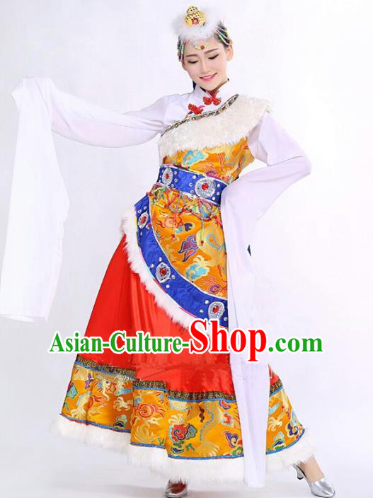 China Zang Minority Ethnic Folk Dance Dress Custom Traditional Tibetan Nationality Costumes Water Sleeve Clothing and Headdress