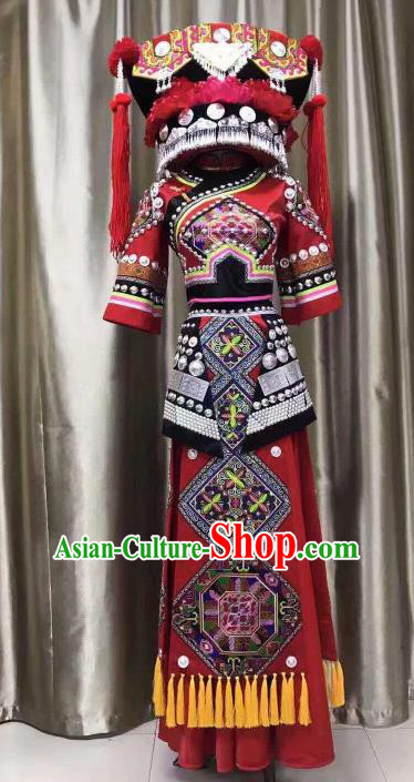 Custom China Zhuang Ethnic Clothing Traditional Minority Wedding Costumes Nationality Festival Embroidered Dress and Headdress