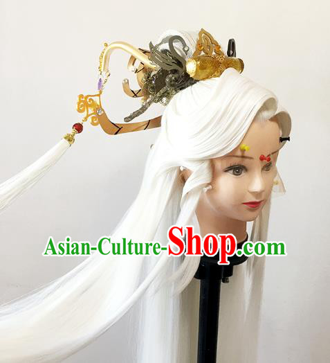 China BJD Swordsman White Wig Sheath Cosplay Ancient Taoist Priest Wigs and Hair Accessories