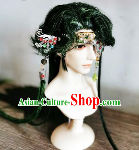 Handmade China Cosplay Lo Luo Wigs Ancient Knight BJD Swordsman Green Wig Sheath and Hair Accessories