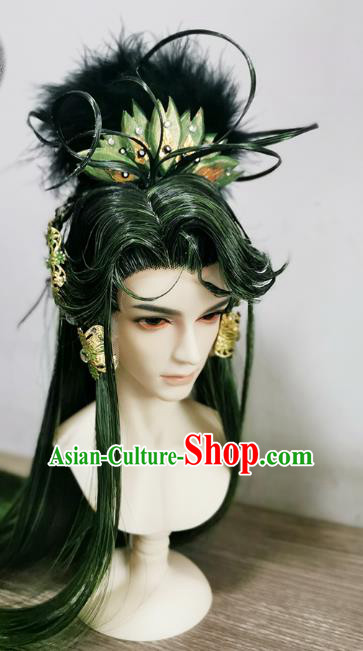 Handmade China Cosplay Royal Prince Wigs Ancient Swordsman BJD Noble Duke Kai Xuan Green Wig Sheath and Hair Accessories