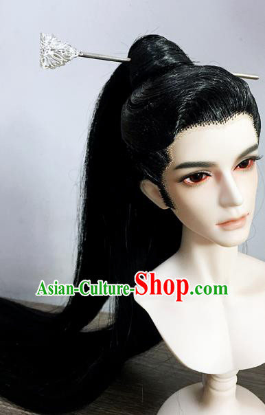 China BJD Swordsman Black Wig Sheath Cosplay Ancient Noble Childe Wigs and Hairpin