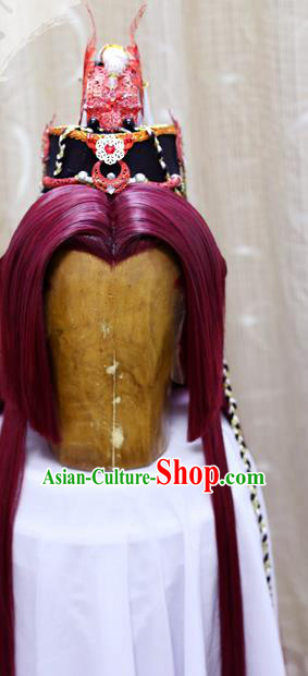 Handmade Cosplay Prince Wig Sheath China Ancient Swordsman Red Wigs Stage Performance Hair Accessories