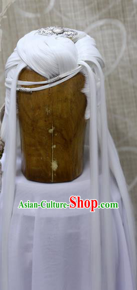 Handmade Cosplay Knight White Wig Sheath China Ancient Swordsman Wigs and Hair Accessories