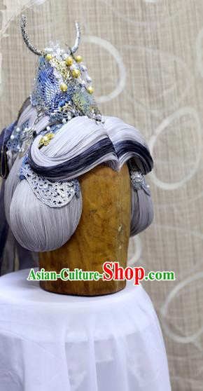 Handmade Cosplay Royal Highness Blue Wig Sheath China Ancient Swordsman Prince Wigs and Hair Crown