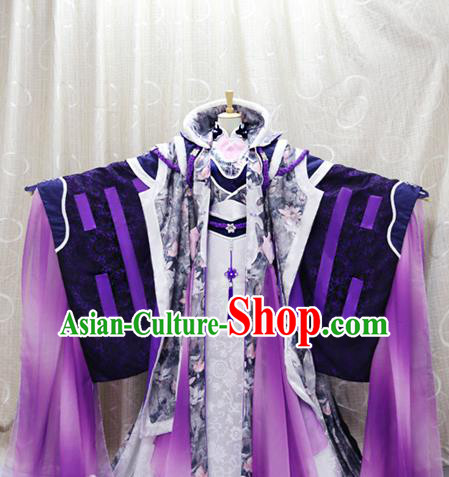 China Cosplay Swordswoman Purple Dress Clothing Custom Traditional Ancient Female Knight Su Huanzhen Costumes