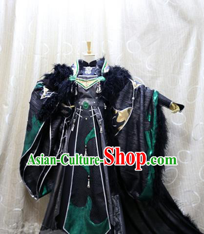 China Ancient King Mo Luo Clothing Custom Professional Cosplay Swordsman Black Costumes Full Set