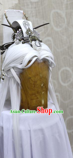 Cosplay Swordsman White Wig Sheath Handmade China Ancient Taoist Priest Wigs and Hair Crown