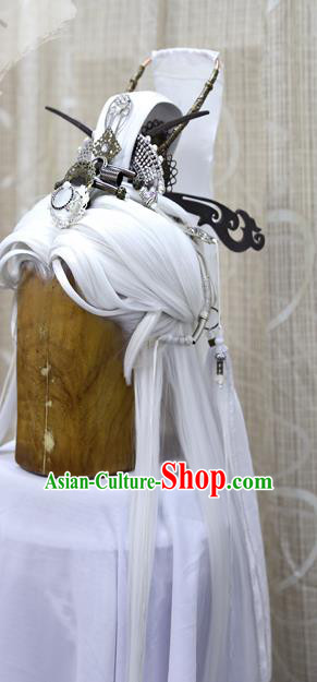 Cosplay Swordsman White Wig Sheath Handmade China Ancient Taoist Priest Wigs and Hair Crown