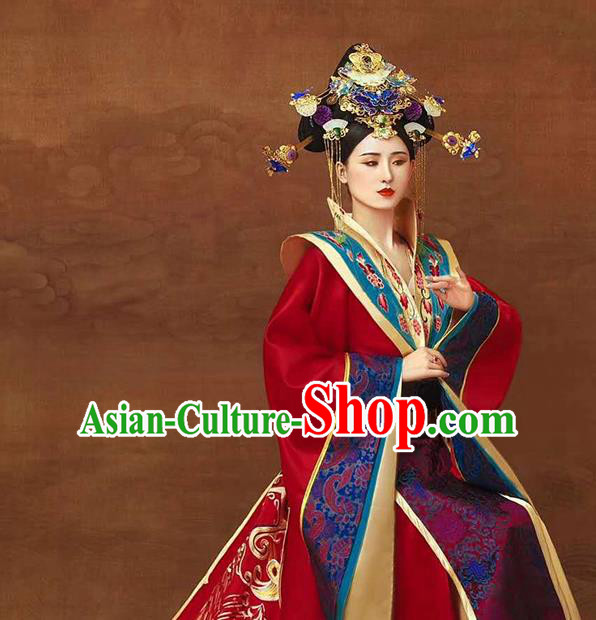 Chinese Ancient Imperial Consort Red Hanfu Dress Traditional Tang Dynasty Court Women Apparels Costumes and Headdress Complete Set